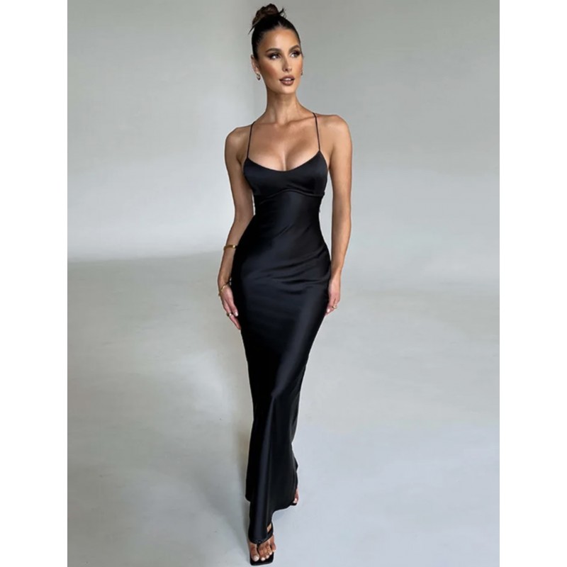 Satin Maxi Backless Dress in Black